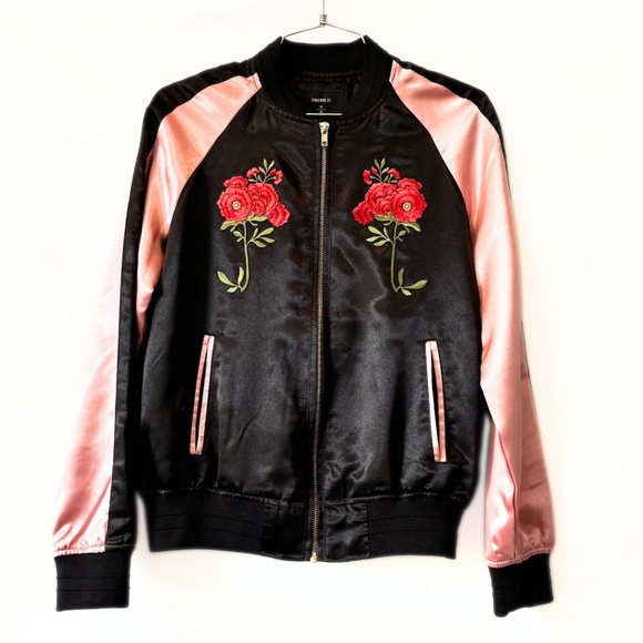 Forever 21 Embroidered Black & Pink Satin Bomber Jacket Size S - Picture 2 of 11